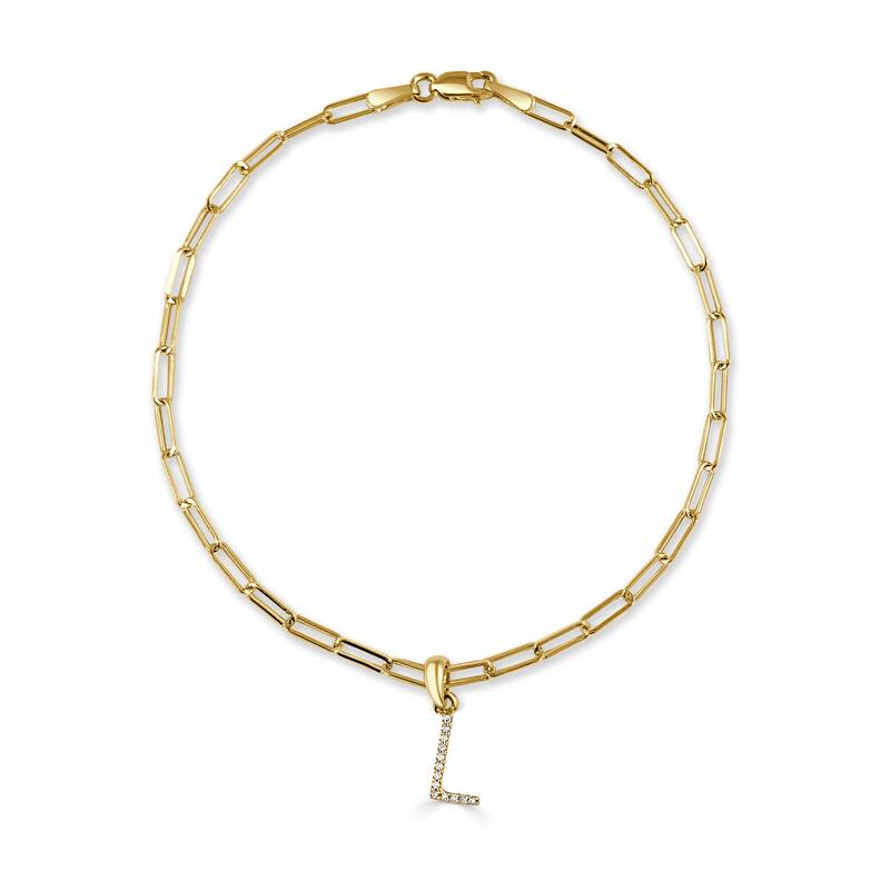 Joelle Collection Diamond Initial Letter A-Z Bracelet Paperclip 14K Gold 7" Chain 1/10 TDW Bracelet - L - Yellow