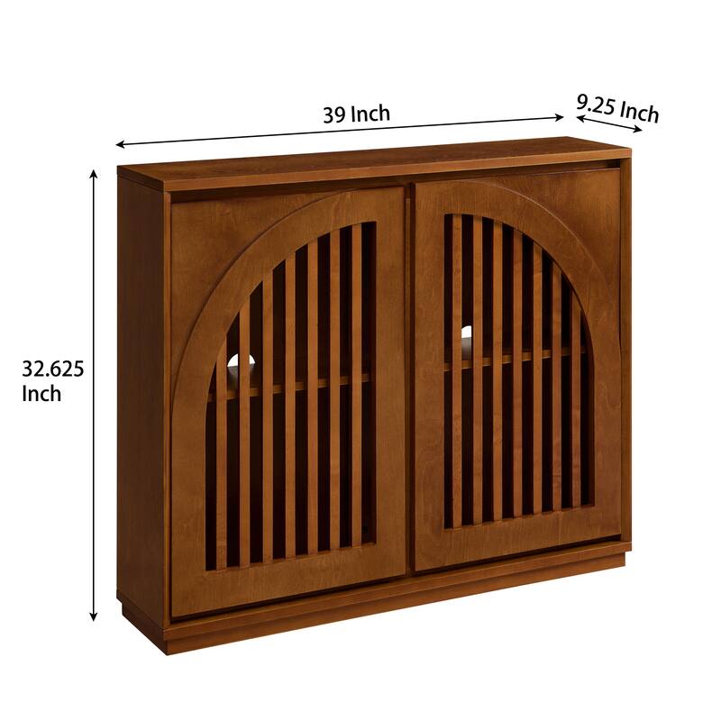 Modern Fluted Wooden Sideboard Cabinet, Multi-functional Narrow Side Cabinet, Storage Cabinet with 2 Doors & Outlet Holes
