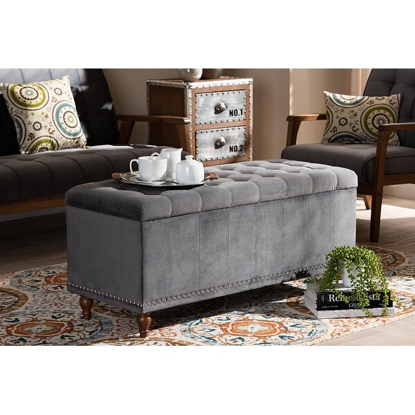Theodore Grey Velvet Fabric Button-Tufted Storage Ottoman Bench