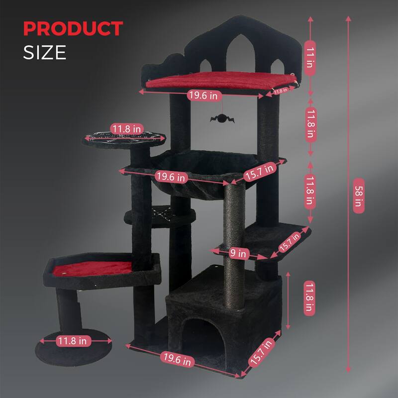 Black Gothic Cat Tree, Multi-Level Spooky Cat Tree with Scratching Posts, Perches, Hammock, and Cat Cave - Black Cat Tower