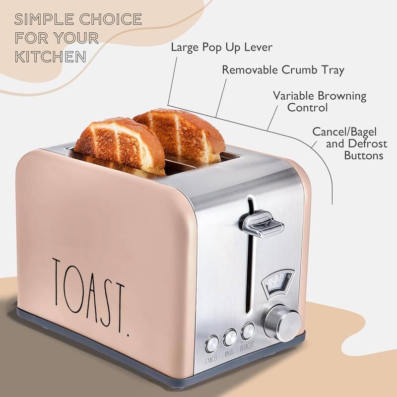 Rae Dunn Toaster, Stainless Steel 2 Slice Square Toaster, Wide Slot with 5 Browning Levels, with Bagel, Defrost