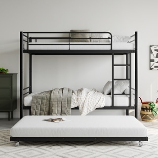 Twin Size Metal Bunk Bed with Trundle, Ladder and Full-Length Guardrail, Noise Free