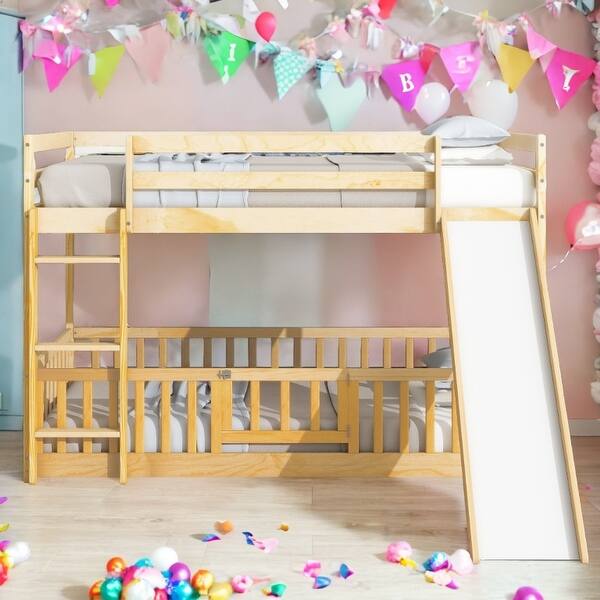 slide 2 of 60, Twin Over Twin Bunk Bed with Slide,Ladder,Door,Safety Guardrails,Floor Natural