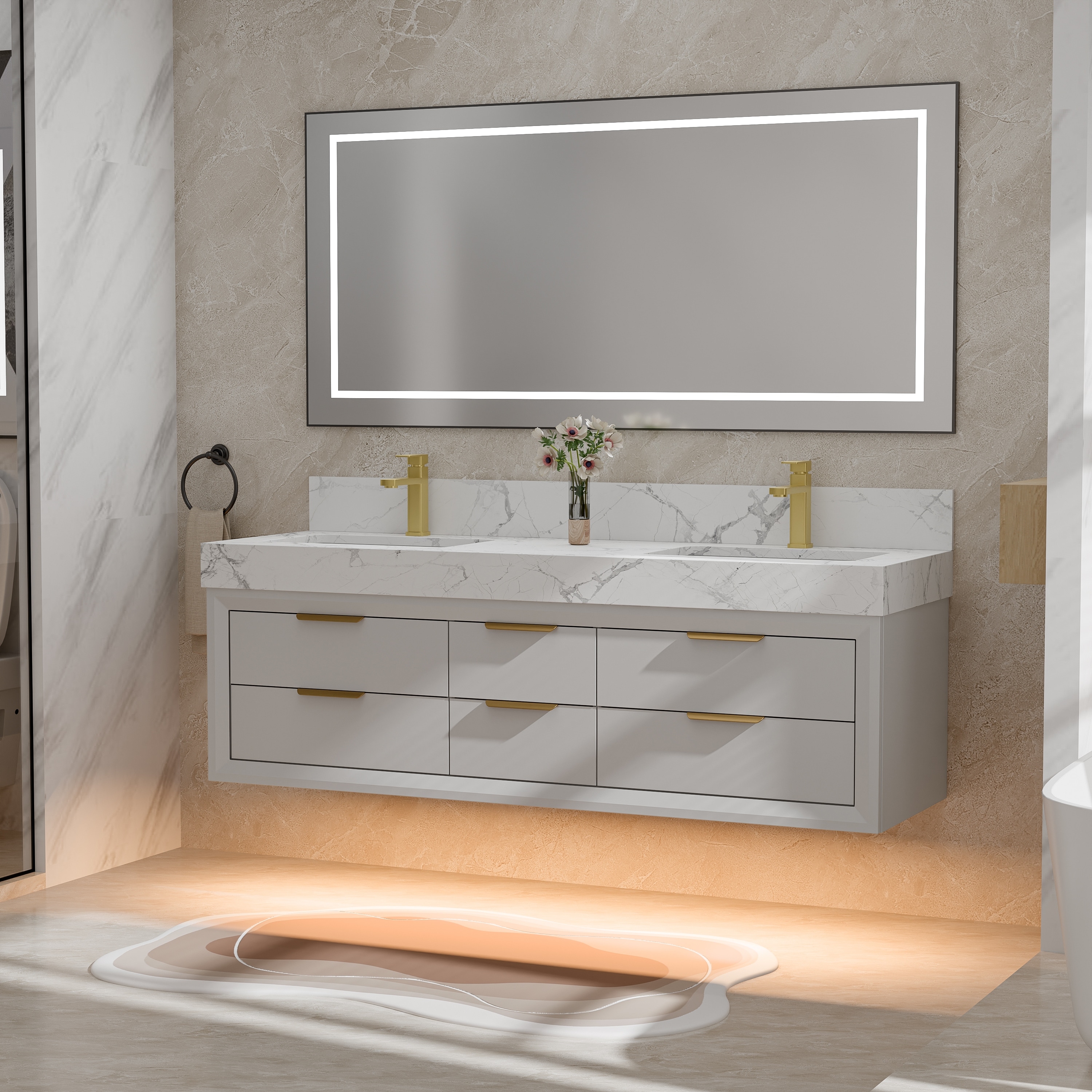60 Inch Double Sink Floating Bathroom Vanity with LED Under-Cabinet Lighting, 6 Soft-Close Drawers and White Countertop