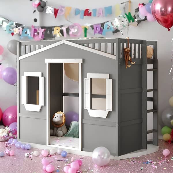 slide 2 of 10, Elegant Twin Size House Loft Bed With Ladder and Guaranteed, Health and Comfort, Sturdy Construction & Unique Design, Gray+White Grey