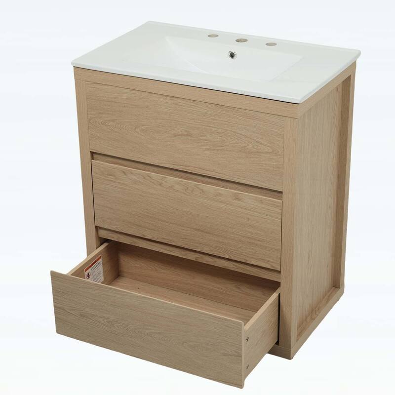 30 Inch Freestanding Bathroom Vanity with Ceramic Sink,2 Full-Extension Drawers - Natural