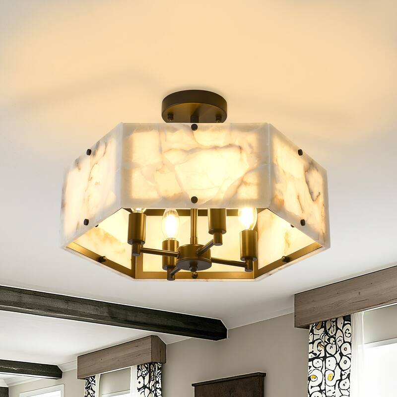 4 - Light Mid - Century Modern Alabaster - Look Octagonal Semi Flush Mount - Matte Black - Matte Black
