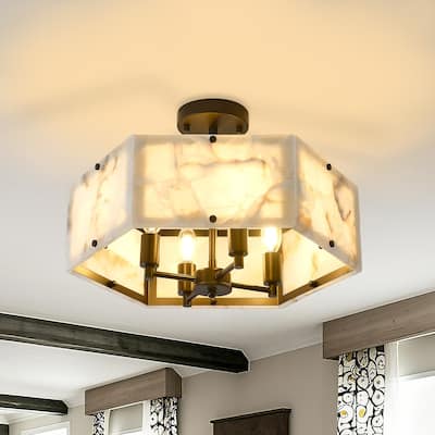4 - Light Mid - Century Modern Alabaster - Look Octagonal Semi Flush Mount - Matte Black