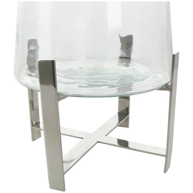 Clear Stainless Steel Metal Hurricane Lamp with Stainless Steel X Shaped Base