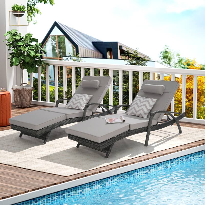 Outdoor Wicker Long Reclining Chair Set of 2, Lawn Sunbathing Chairs for Beach Poolside Garden - Black