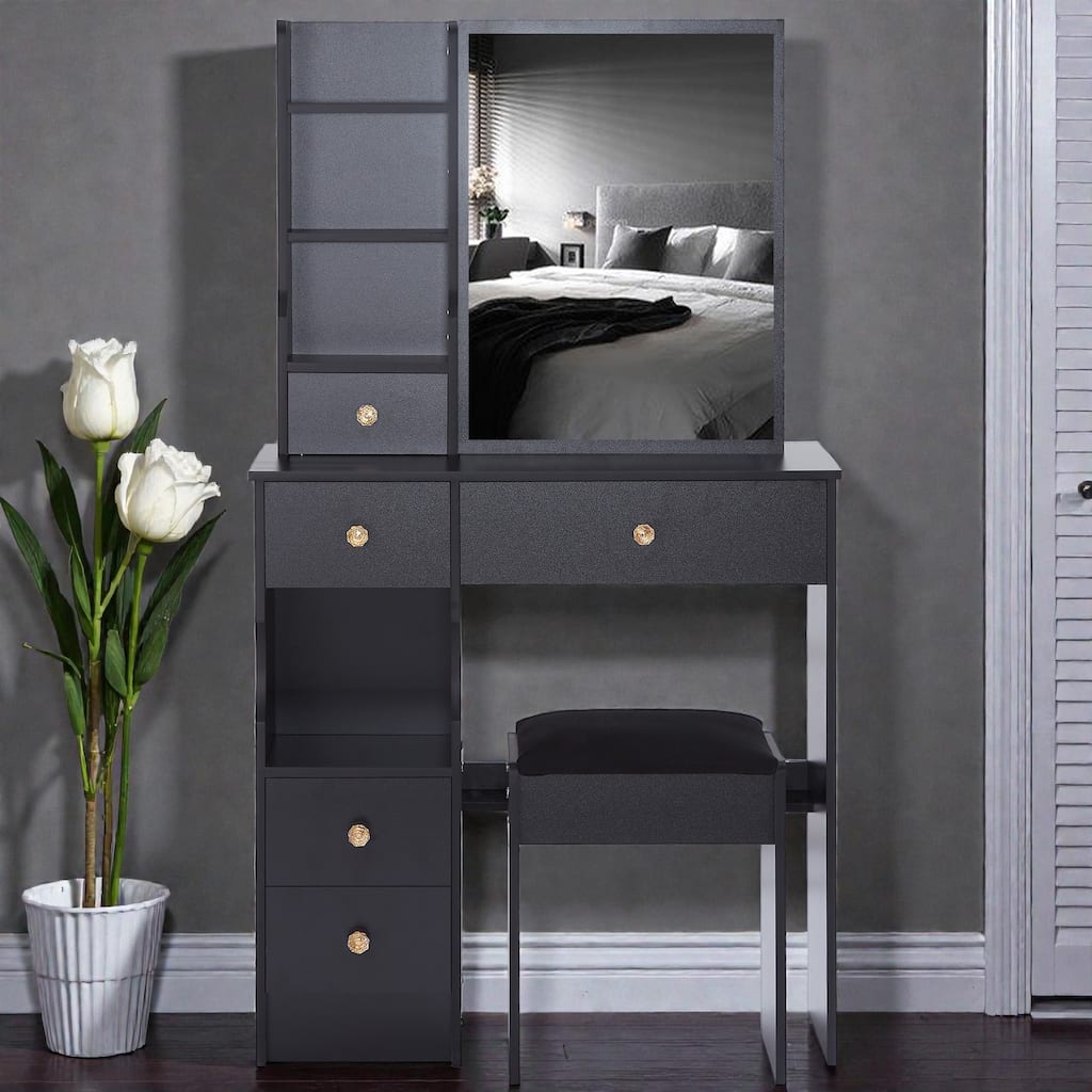 Small Space Vanity Table with Sliding Mirror and Stool, 29.2 Inch Makeup Dresser with Drawer Storage