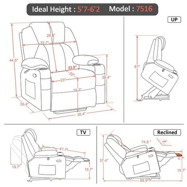 MCombo Large Power Lift Recliner Leather Chair with Massage, Heat, Cup Holders,Extended Footrest, Leather 7516