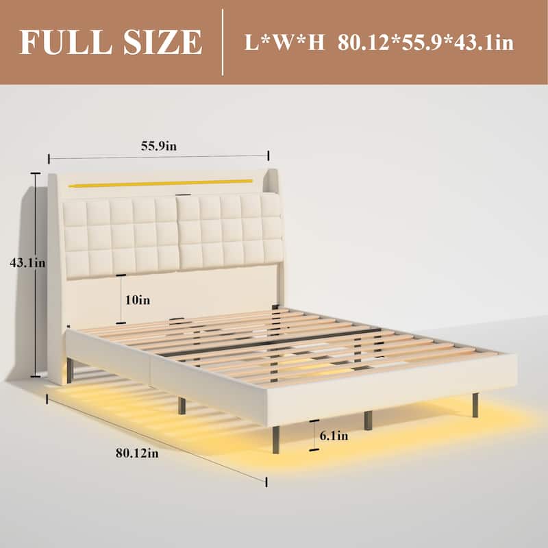 Dreamy Floating Bed Frame with LED Lights, Button Tufted Headboard with USB Ports and Hidden Storage, Velvet Upholstered Bed