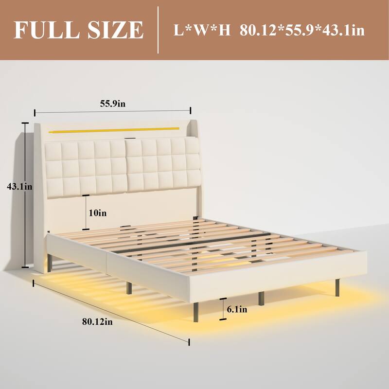 Floating Bed Frame with LED Light & Charging Station Upholstered Platform Bed Frame with Headboard