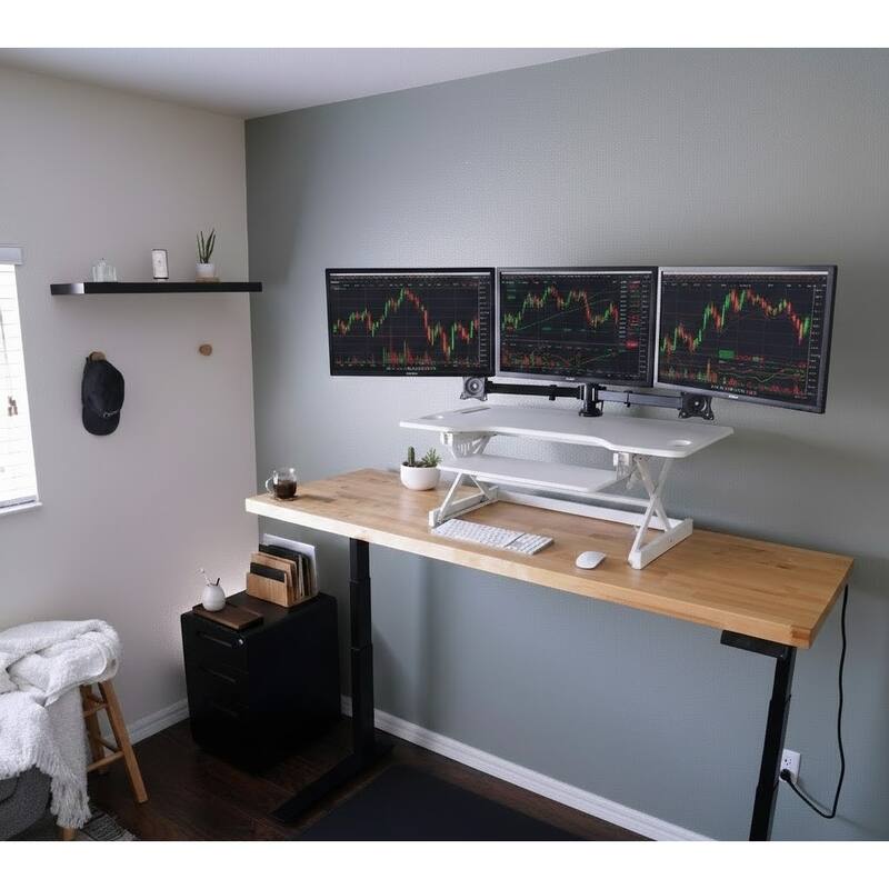 Rocelco 46 in. W Black Height Adjustable Corner Standing Desk Converter with Anti Fatigue Mat and Dual Monitor Riser Platform