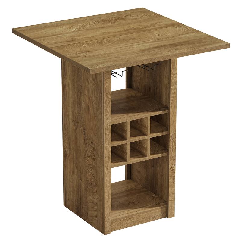 Wood Counter Height Bar Table, Glass Holders Wine Racks Storage Shelves, Kitchen Bistro High Top Pub Cocktail Home Bar Unit