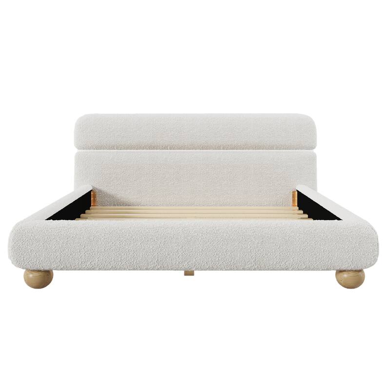 Queen Size White Upholstered Bed Curve-Shaped Frame Teddy Fleece Boucle Fabric Low Profile Platform Bed for Bedroom