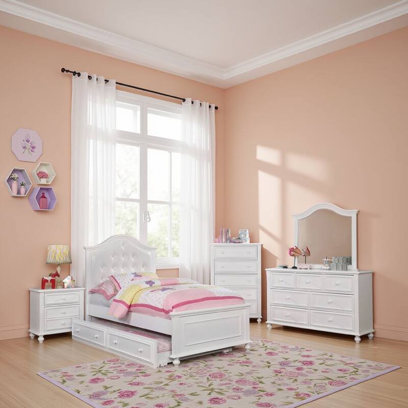 Aure 3 Pc Full Size Kids Bedroom Set, Curved Tufted Headboard, White