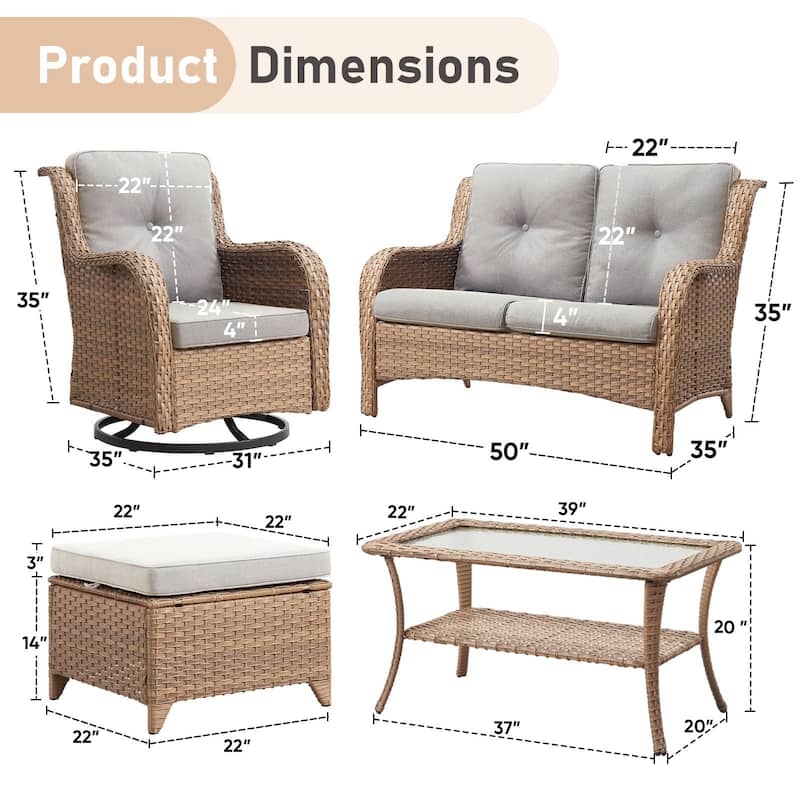 Pocassy Outdoor 6 Pieces 2-Seat Sofa Swivel Chairs Table Ottoman