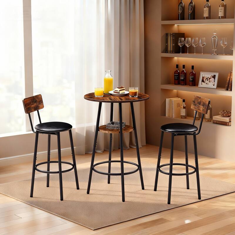 3 Pieces Round Bar Table and Chairs Set, Small Dining Table for 2 with 2-Tier Storage & 2 PU Upholstered Bar Stools