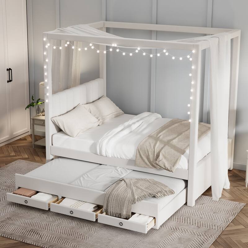 Full Size Upholstered Canopy Bed Platform Bed with Canopy Roof Frame and Headboard, Twin Size Trundle, 3 Storage Drawers, Beige