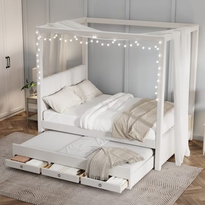 Upholstered Canopy Bed with Twin Trundle & 3 Drawers, Linen