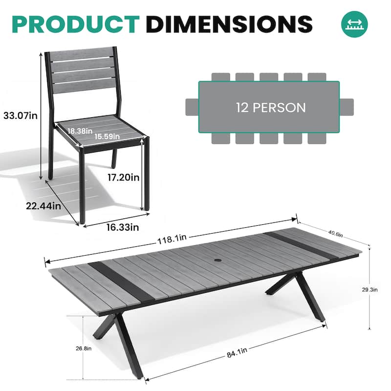 VredHom 13PC Aluminum X Frame Outdoor Patio Dining Set Table with Chairs Umbrella Hole