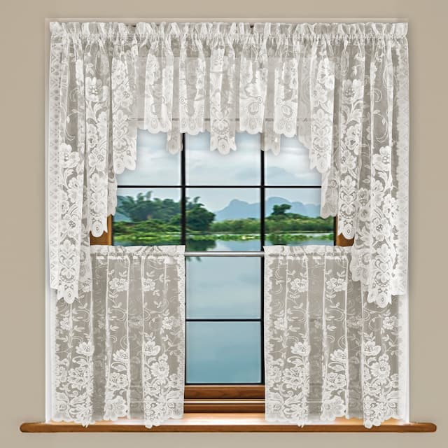 Floral Lace Kitchen Curtain, Cafe Tier, Valance or Swag Curtain - Ivory - 36'' Tier Set
