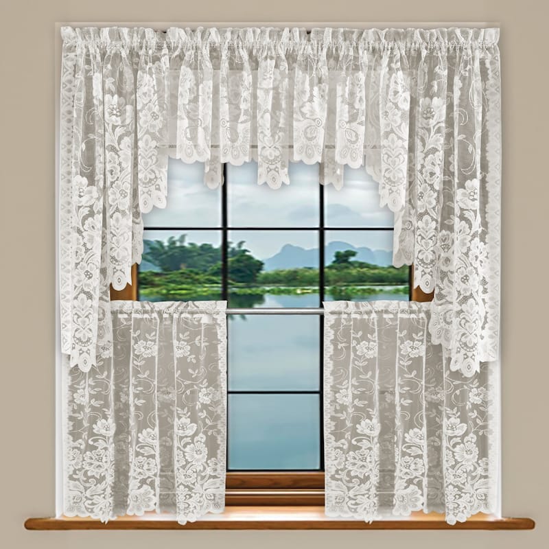 Floral Lace Kitchen Curtain, Cafe Tier, Valance or Swag Curtain - Ivory - 24'' Tier Set