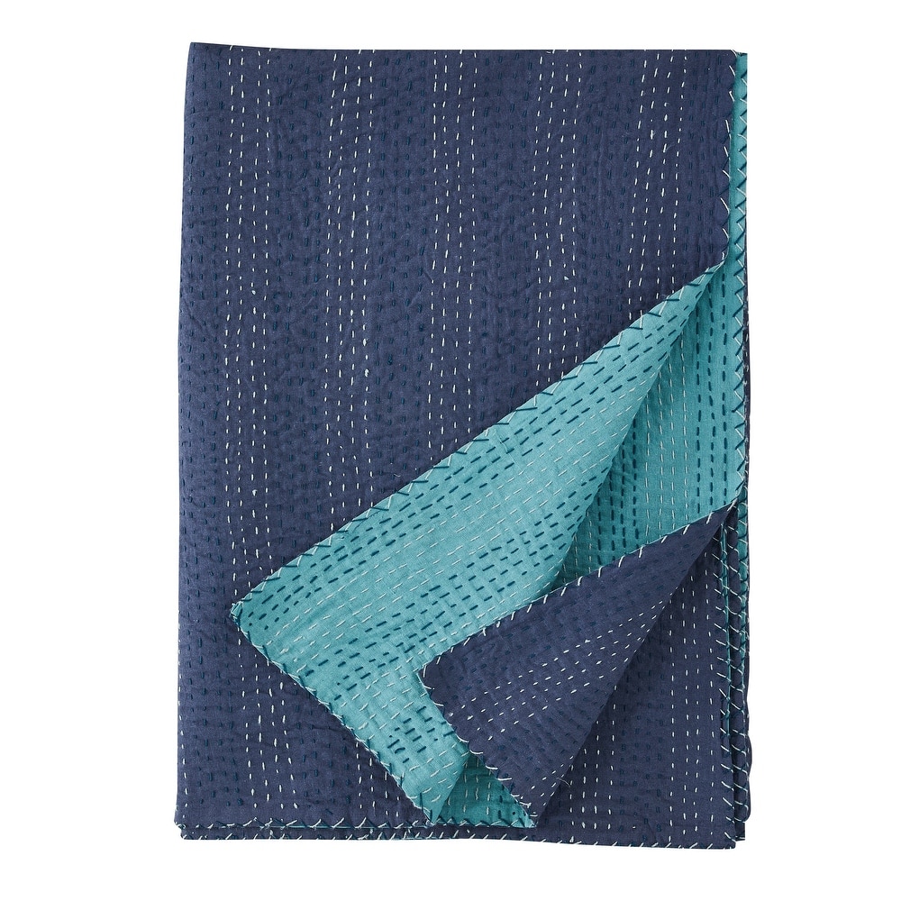 Melange Hand Stitched Kantha Collection Solid Reversible Coverlet or Shams