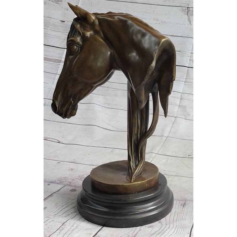 Horse Head Bust Equestrian Bronze Sculpture Statue Figure Decor On Marble Base Signed 13 Inches X 9 Inches