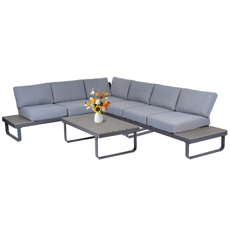 Outdoor L-Shape Metal Sectional Sofa Set With Gray Cushion For Lawn Garden Porch By Tappio