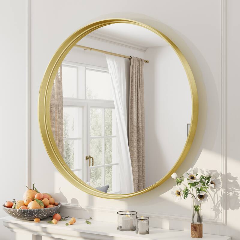 Round Tempered Glass and Metal Framed French Cleat Mounted Wall Bathroom / Vanity Mirror - 32" x 32" - Gold