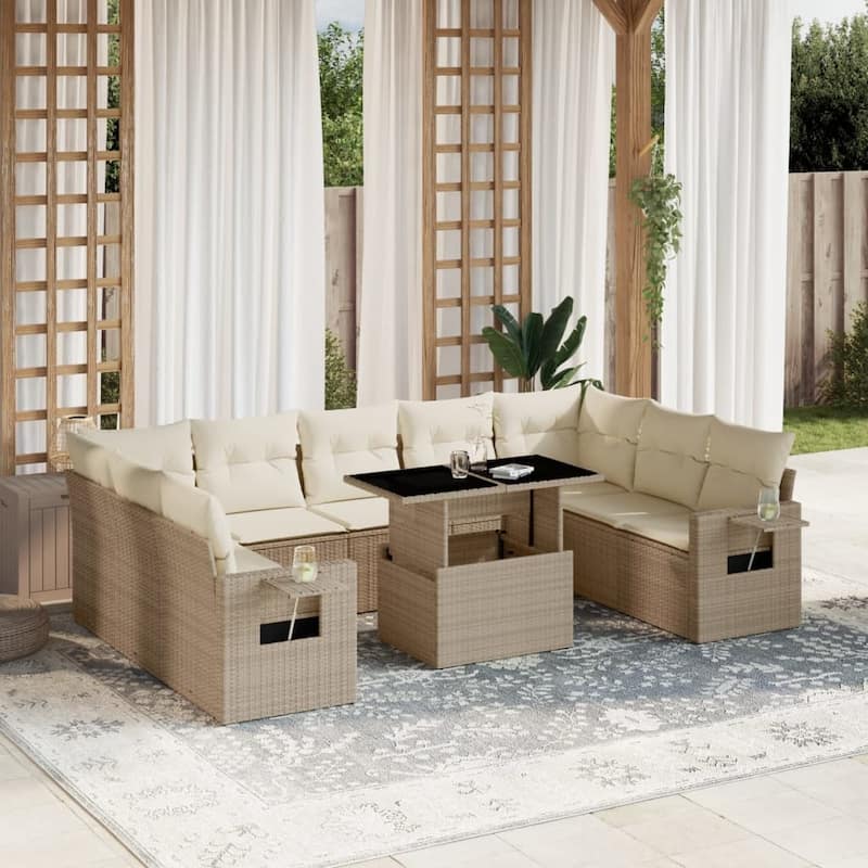 vidaXL Patio Sofa Set with Cushions Outdoor Furniture 10 Piece Poly Rattan - 21.7 x 39.4 x 28.7 - Beige and Cream-without storage
