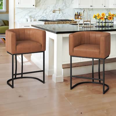 LUE BONA Modern 26.in Low Back Counter Height Barstools Upholstered/PU Leather Barrel Set of 2 Bar Stools with Metal Frame