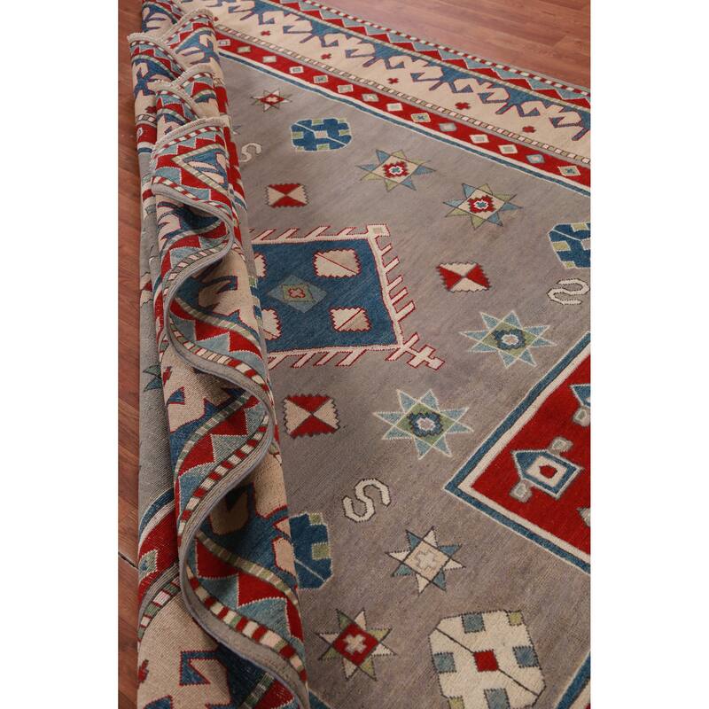 Hand Knotted Oriental 100% Wool Carpet Traditional Geometric Greys & Charcoal Kazak Area Rug - 9' 6'' X 7' 9''