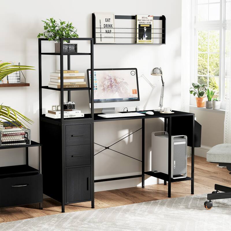 Small Computer Desk with Storage Shelves Modern Writing Table for Home Office in White or Black Engineered Wood