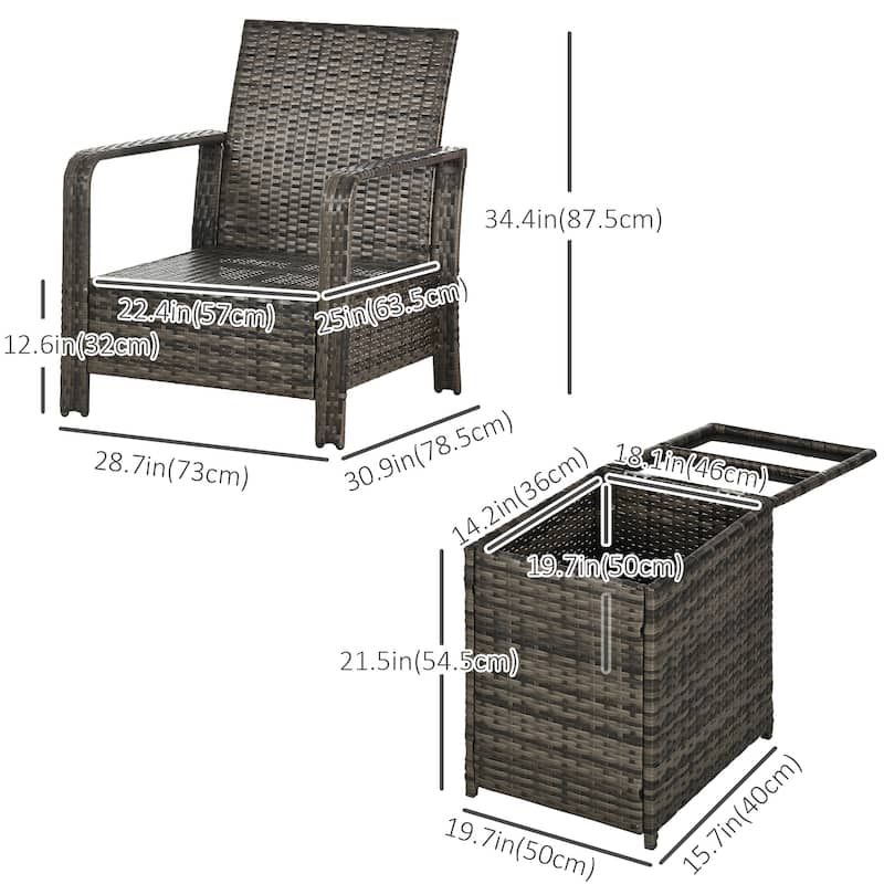 Outsunny 3 Piece PE Rattan Wicker Bistro Set with Cushions, Conversation Furniture Set for Backyard, Garden, Patio