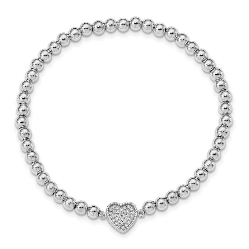 Curata Sterling Silver Rhod-plated Cubic Zirconia Heart Beaded Stretch Bracelet