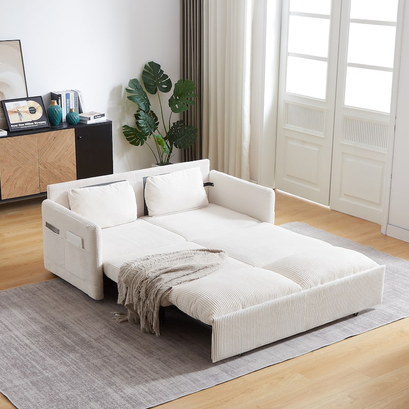 64.5" Loveseat Sofa with Pullout Bed,Corduroy Convertible Sleeper Sofa
