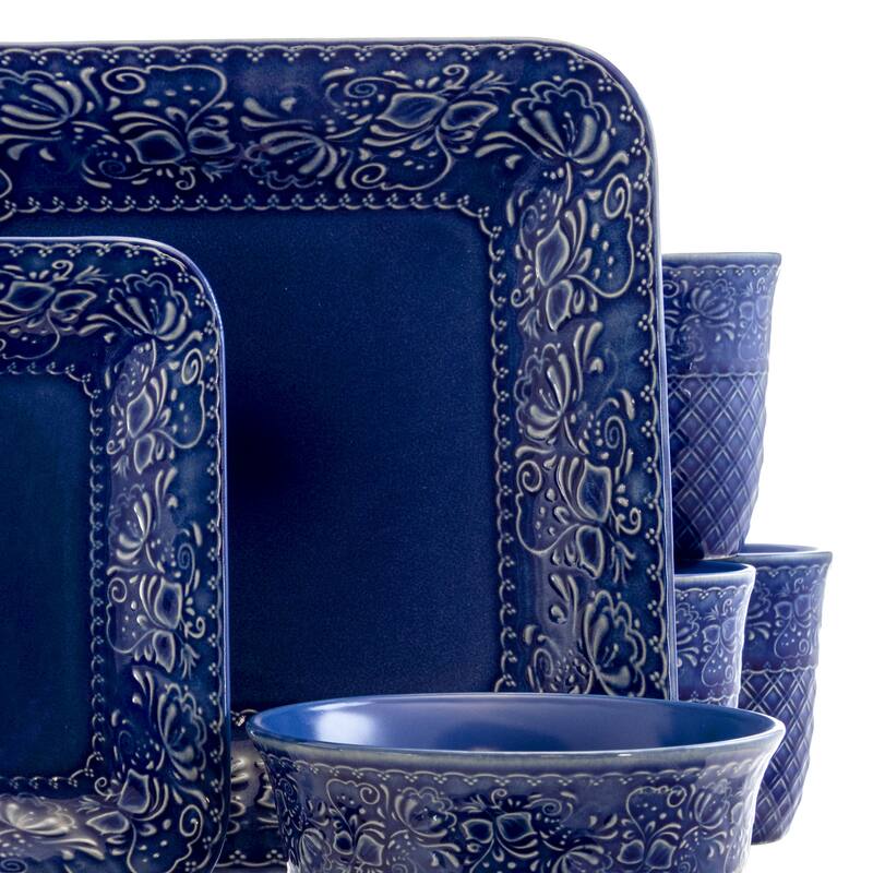 Blue Royalty 16 Piece Ornate Embossed Square Stoneware Dinnerware Set