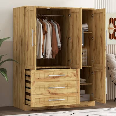 4 Door Wardrobe Armoire Closet with Hanging Rod for Hanging Clothes