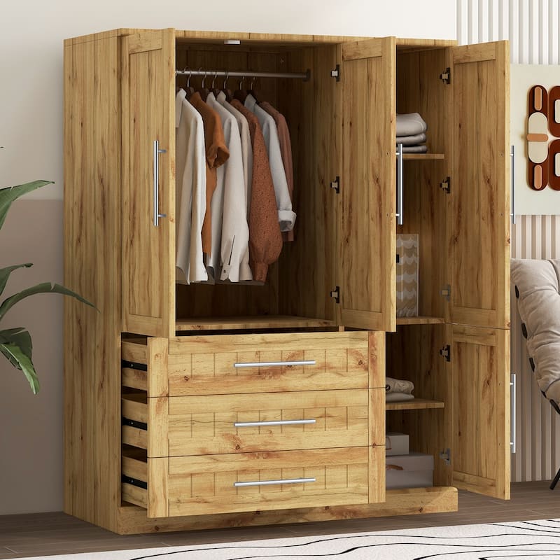 47.2" Rustic Four-door Wooden Armoire with Hanging Rod, 3 Drawers and 4 Storage Shelves