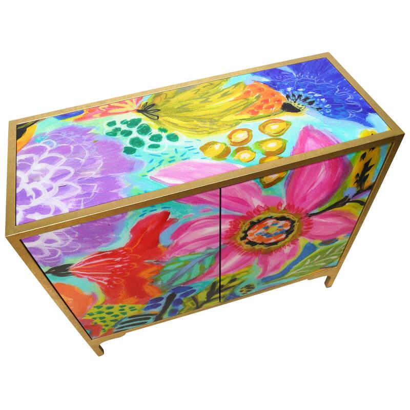 "Secret Garden Floral" Cabinet Console Table on Beveled Reverse Printed Art Glass with Iron Gold Leafed Frame