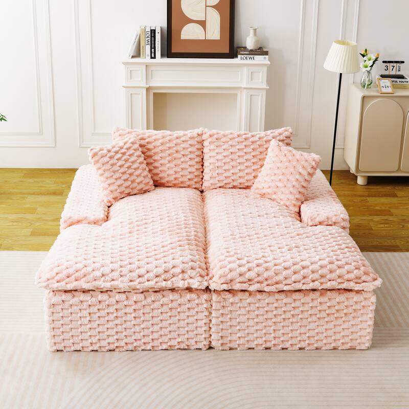Double Chaise Lounge Sofa Turtle Velvet Sectional Sofa Set Lazy Sleeper Sofa, Full Compressed Sponge - Pink - Symmetrical
