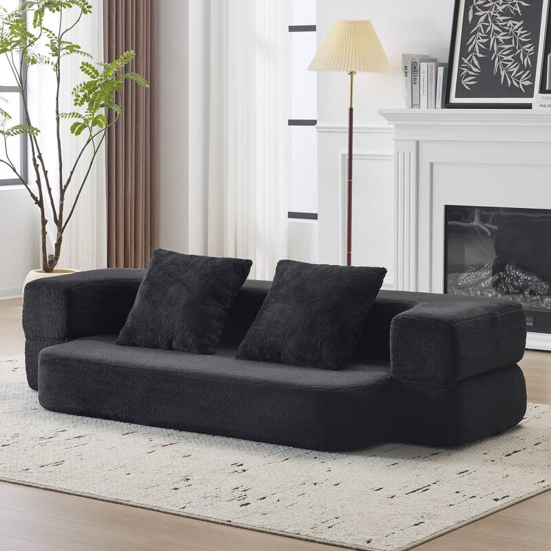 74.81" Faux Fur 3-in-1 3-Seater Floor Sofa, Converts to Bed with Memory Foam