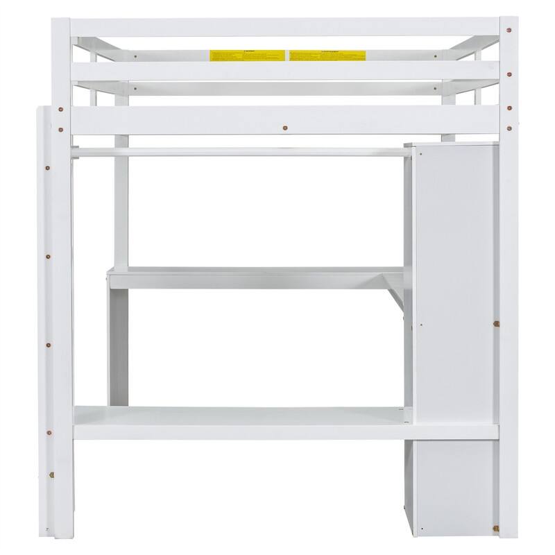 Solid Wood Loft Bed with Bulit-in L-Shaped Desk, Wardrobe and Hanging Rod, Twin/Full Size Loft Bedframe with Storage Shelves
