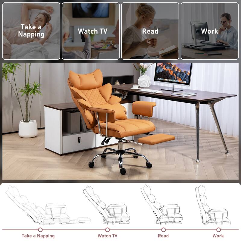 Comfortable Ergonomic Office Chair with Foot Rest, PU Leather Reclining Chair with Adjustable Height Headrest and Waist Lumber