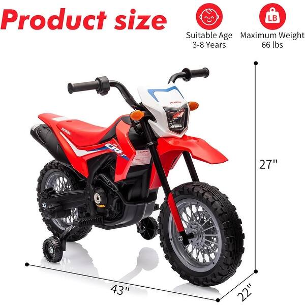dimension image slide 0 of 3, Licensed Honda 6V Kids Electric Motorcycle, Battery-Powered Ride-On with Detachable Training Wheels for Young Riders