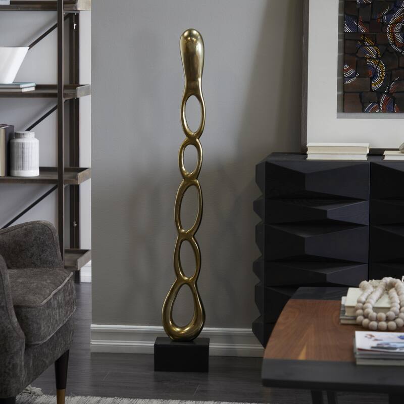 Aluminum Metal Abstract Tall Linked Floor Decorative Sculpture with Black Base - Black, Gold, Silver - Roche River Decor